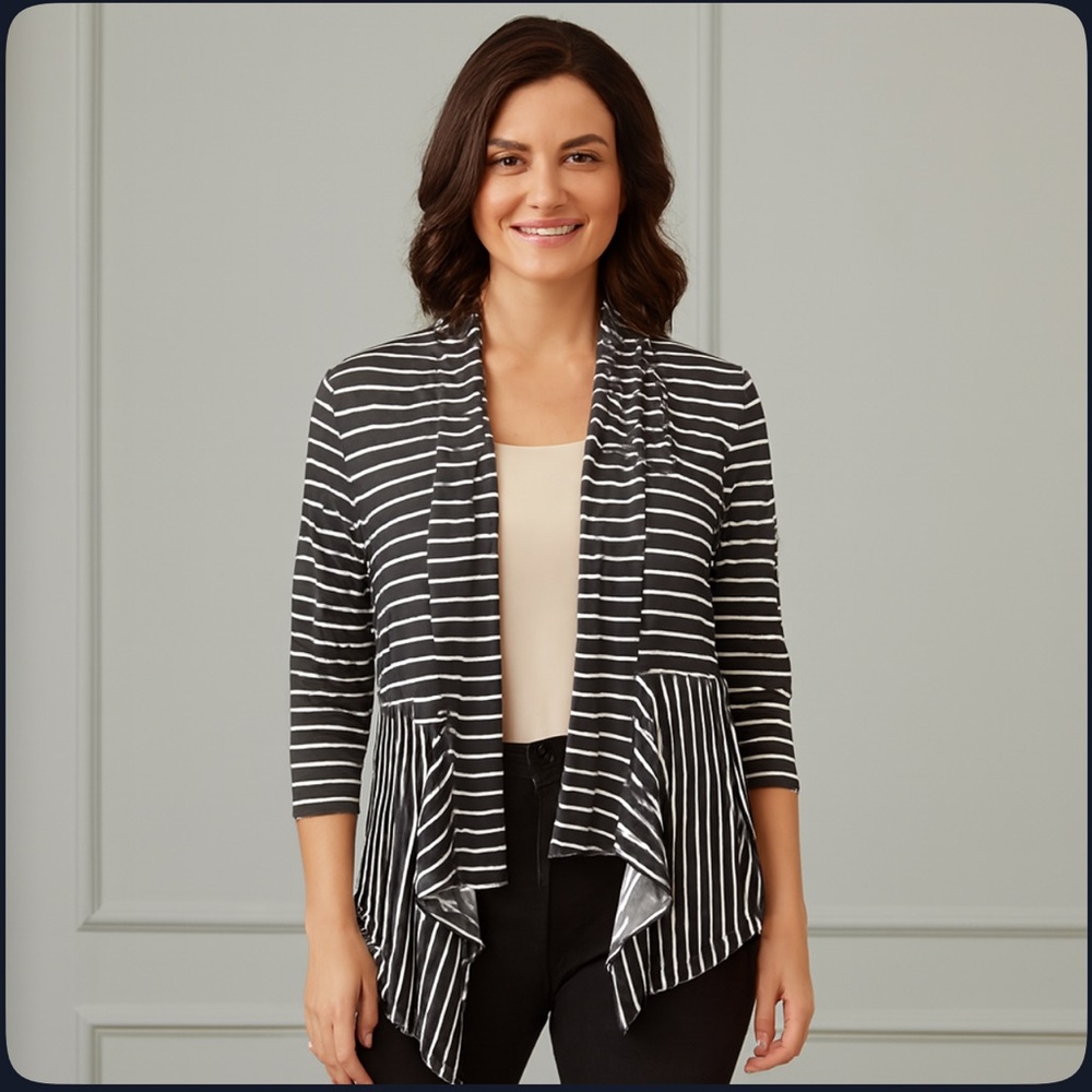 Chico's Drape Front Brown White Stripe Stretch Open Cardigan Women's Size Large